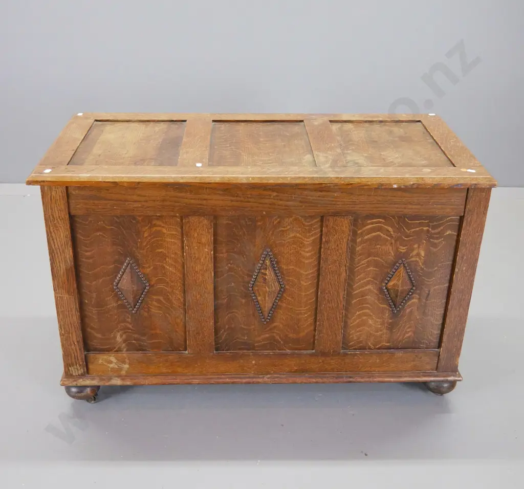 deco style oak chest / blanket box with diamond motif beading - polish needs work H620 W980 D480 Image 1++