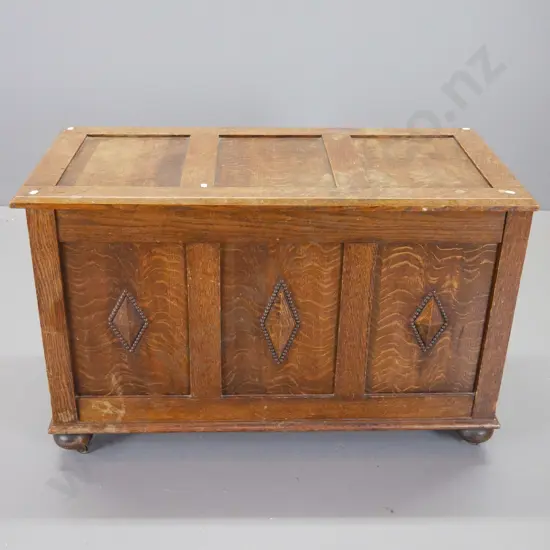 deco style oak chest / blanket box with diamond motif beading - polish needs work H620 W980 D480