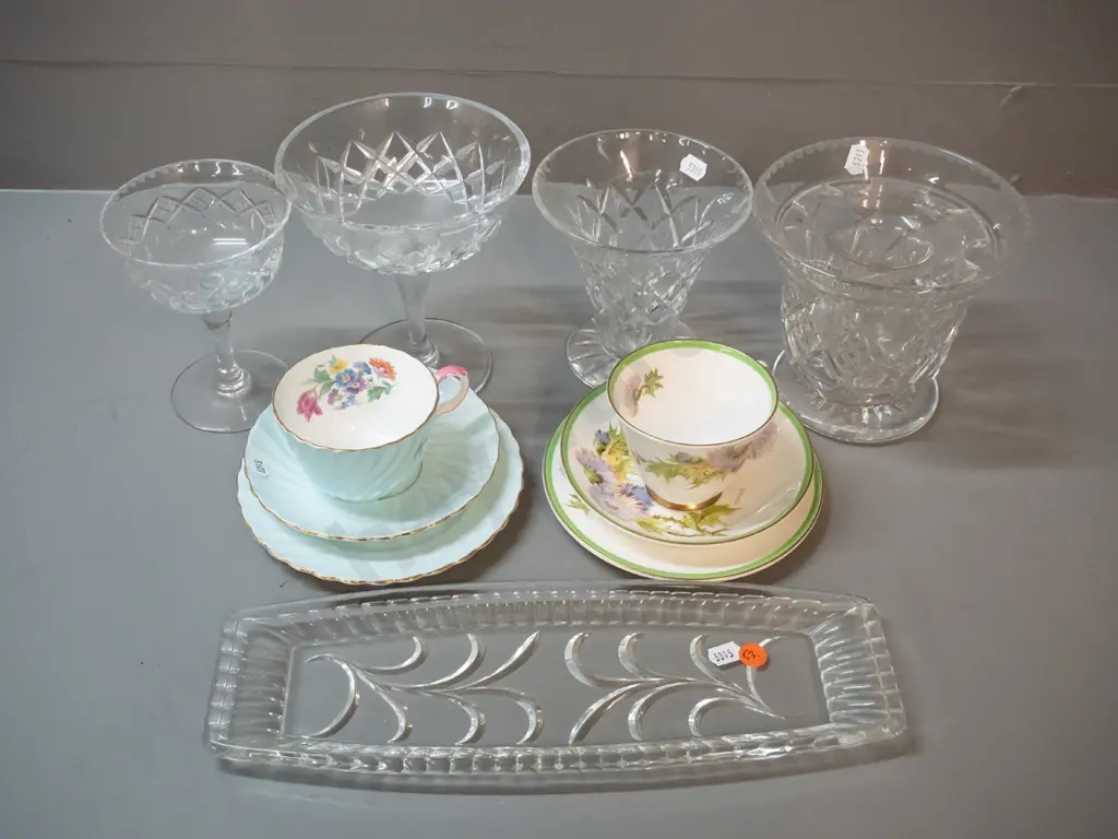 2 trios, Aynsley & Royal Doulton, and assorted crystal - Stuart & Webb Corbett vases, 2 comports and a sandwich tray. Image 1++