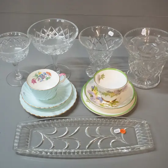 2 trios, Aynsley & Royal Doulton, and assorted crystal - Stuart & Webb Corbett vases, 2 comports and a sandwich tray.