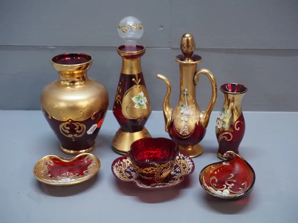 7 pieces of red Venetian glass - miniature coffee pot, 2 vases, scent bottle H-190, cup & saucer, 2 pin dishes. Image 1++