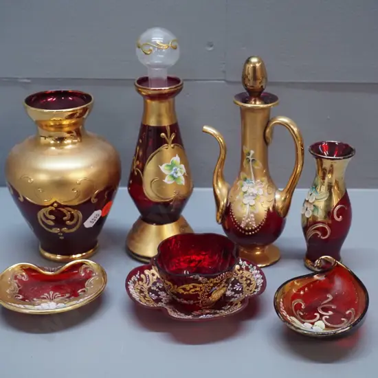 7 pieces of red Venetian glass - miniature coffee pot, 2 vases, scent bottle H-190, cup & saucer, 2 pin dishes.