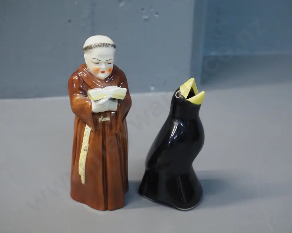 Royal Worcester small monk figurine H-120 and a blackbird pie funnel, no maker's mark Image 1++