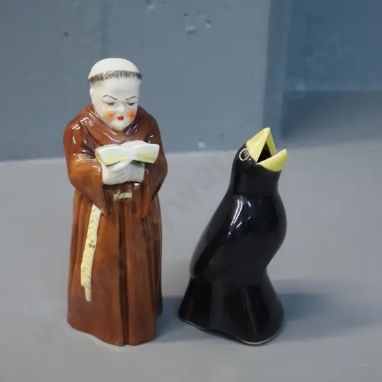Royal Worcester small monk figurine H-120 and a blackbird pie funnel, no maker's mark
