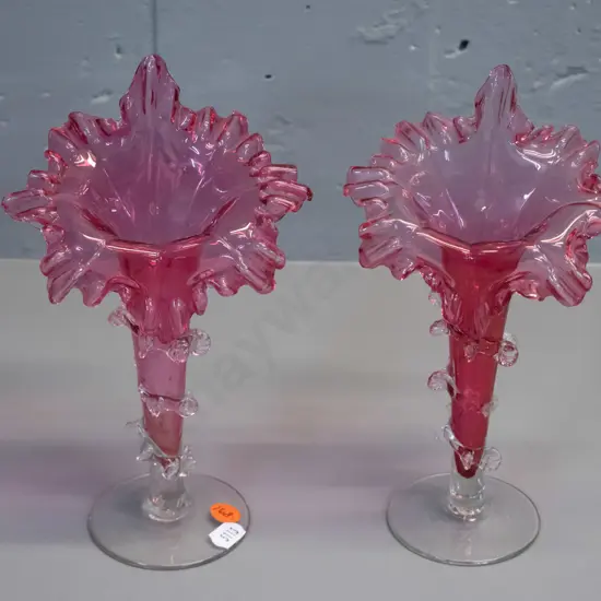 pair of vintage pink and clear glass jack in the pulpit vases H-215