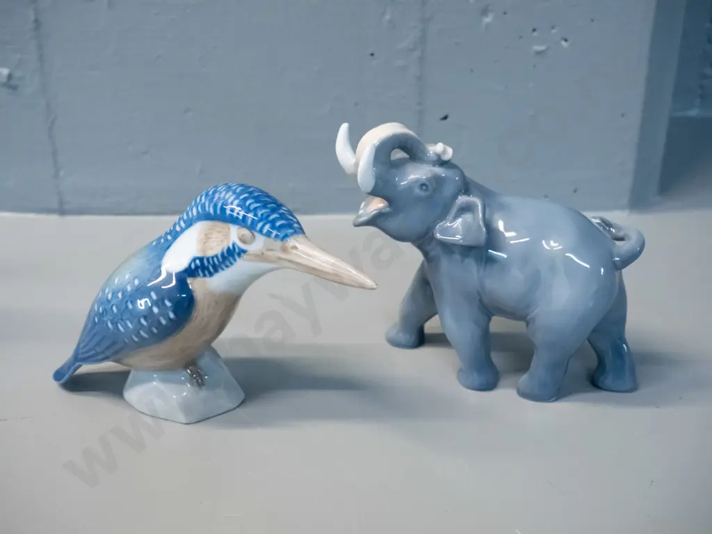 2 Royal Copenhagen animal figurines - elephant H-110 and kingfisher Image 1++