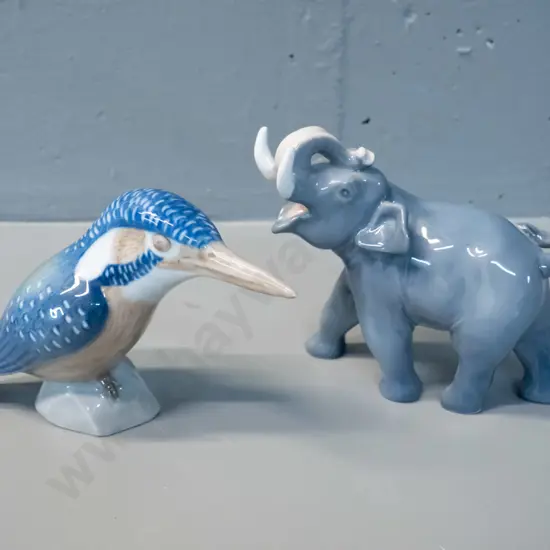 2 Royal Copenhagen animal figurines - elephant H-110 and kingfisher