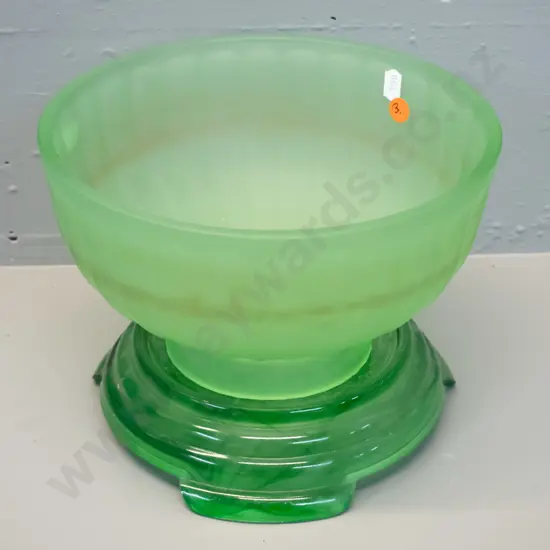 frosted green depression glass fruit bowl with non-matching veined glass stand - Some scratches on base, water line in