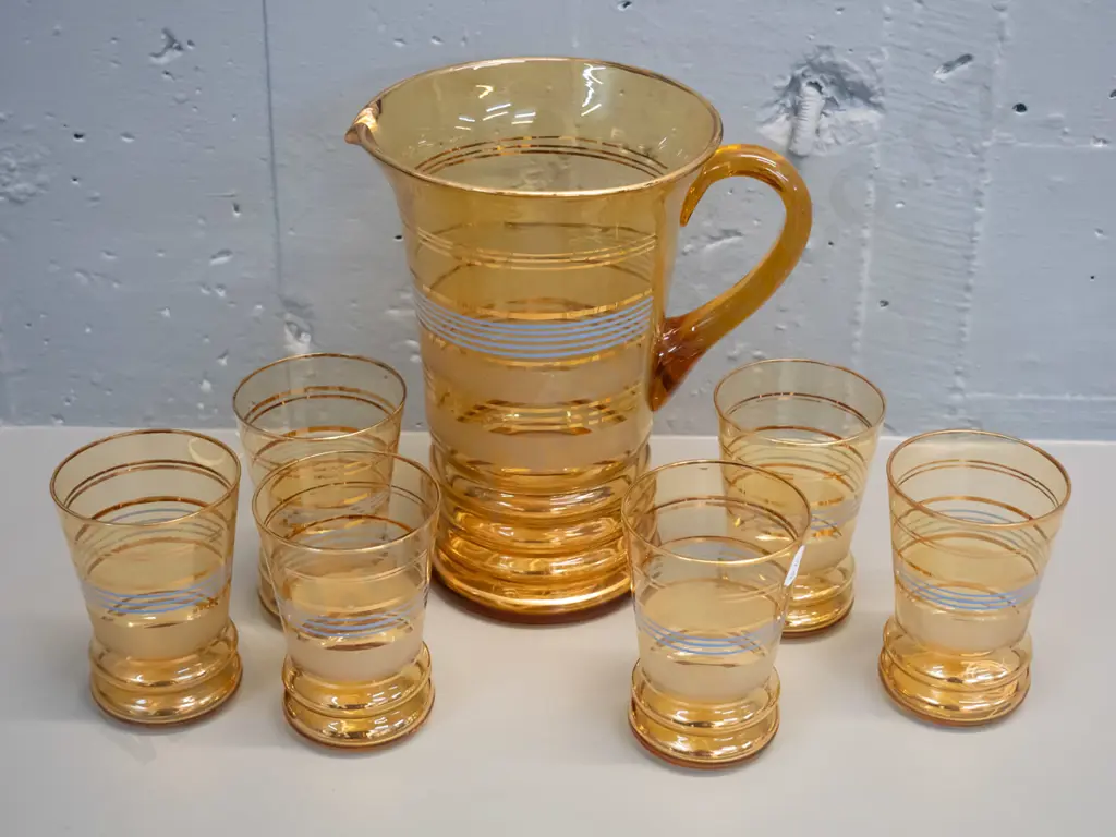 retro 7-piece amber glass water set with blue and gilt banded pattern - jug is H-220 Image 1++
