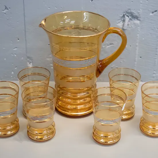 retro 7-piece amber glass water set with blue and gilt banded pattern - jug is H-220