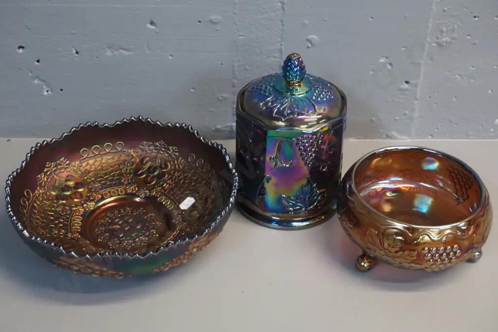 3 pieces carnival glass - lidded pot and large leaf pattern bowl on blue glass,  footed bowl in dark orange H-70 D-220 Image 1++