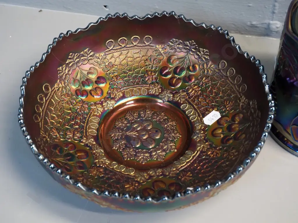 3 pieces carnival glass - lidded pot and large leaf pattern bowl on blue glass,  footed bowl in dark orange H-70 D-220 Image 1++