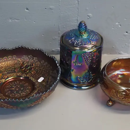 3 pieces carnival glass - lidded pot and large leaf pattern bowl on blue glass,  footed bowl in dark orange H-70 D-220