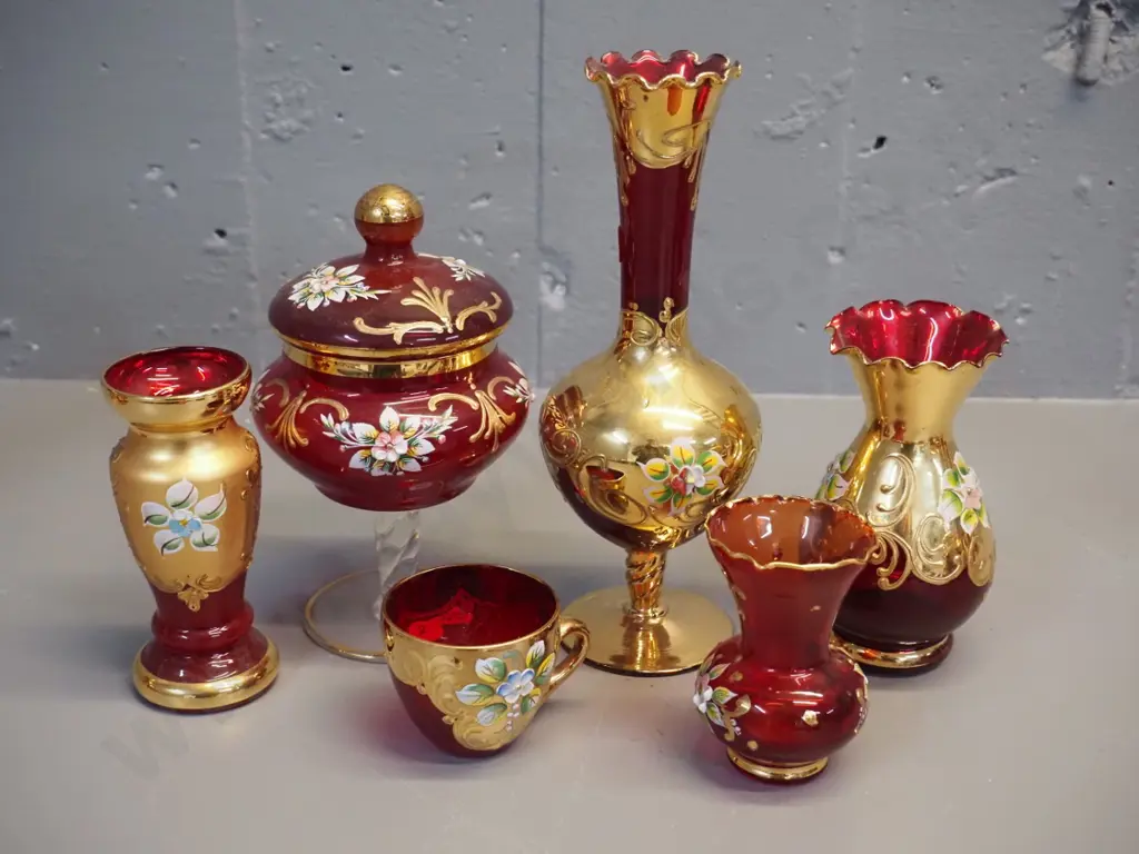 6 pieces of red Venetian glass - 4 vases, a cover pot and a small cup. Tallest vase is H-210 Image 1++