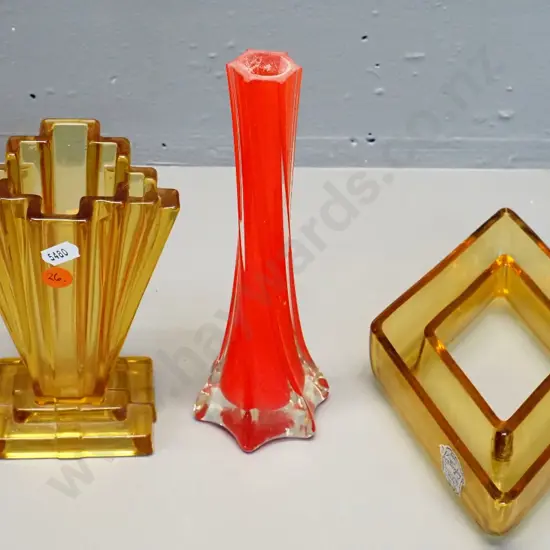 3 pieces of glass - Knottingley gold depression glass flower trough, depression glass fan shaped vase and bright red art