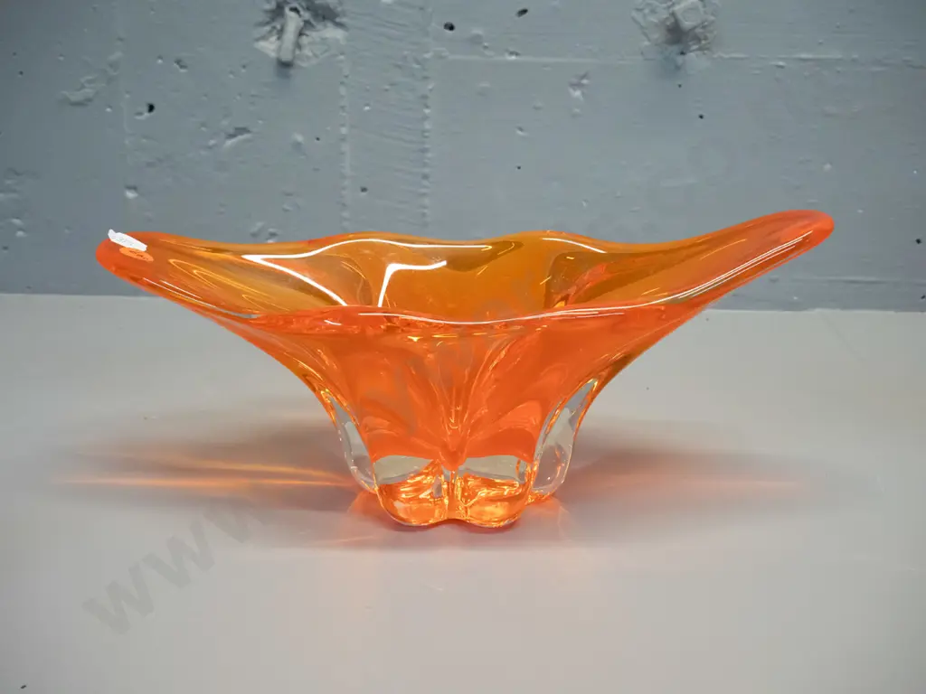 retro art glass orange and clear base trough vase H-130 L-300 Image 1++