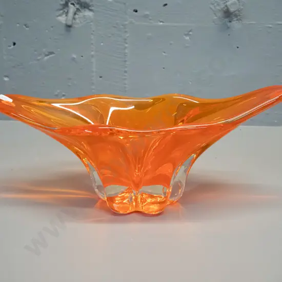 retro art glass orange and clear base trough vase H-130 L-300