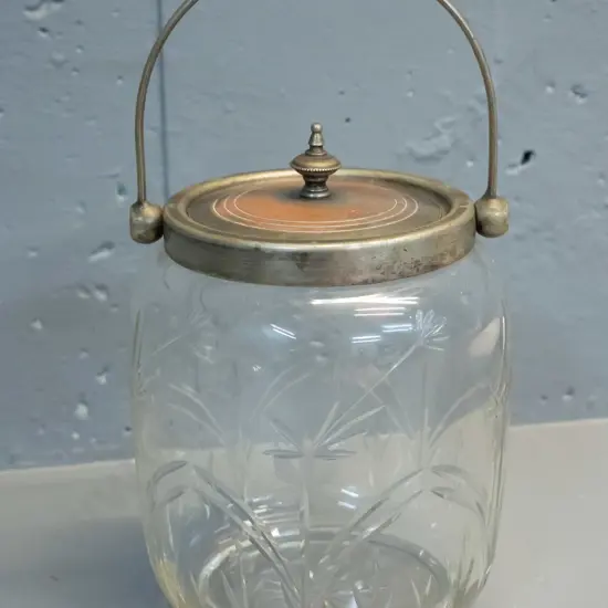 vintage etched and cut glass biscuit barrel with plated handle and lid - plating worn away H-180 D-140