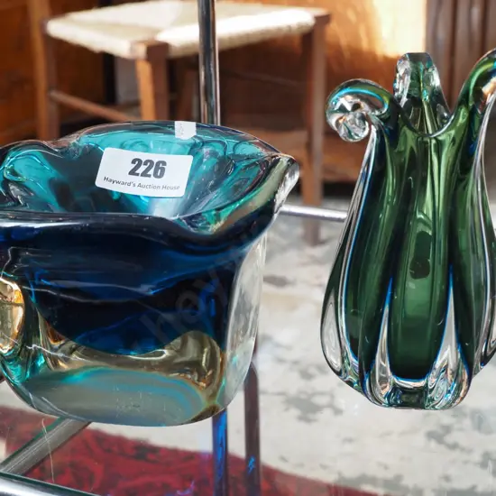 2 pieces of art glass - green and clear vase H-180 and a heavy teal ashtray with some scratches