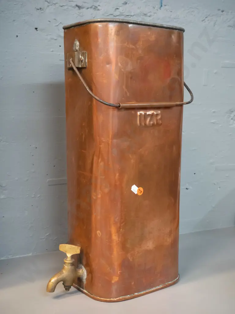 copper NZR water dispenser with handle and brass spigot - no lid? H-480 W-240 D-130 Image 1++