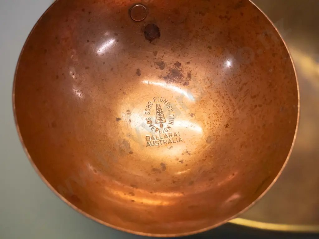 vintage brass jam pan with iron handle and a copper and brass ladle marked Ballarat Australia. Some dents and Image 1++