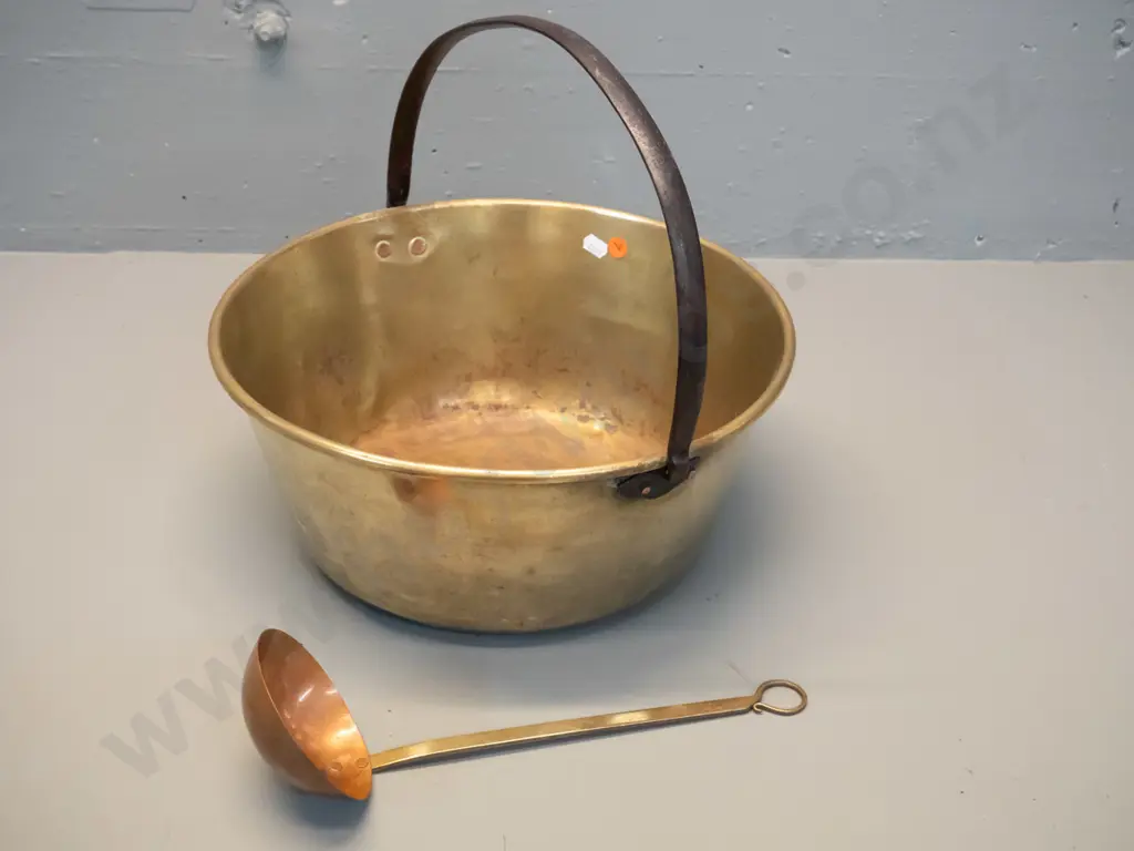 vintage brass jam pan with iron handle and a copper and brass ladle marked Ballarat Australia. Some dents and Image 1++