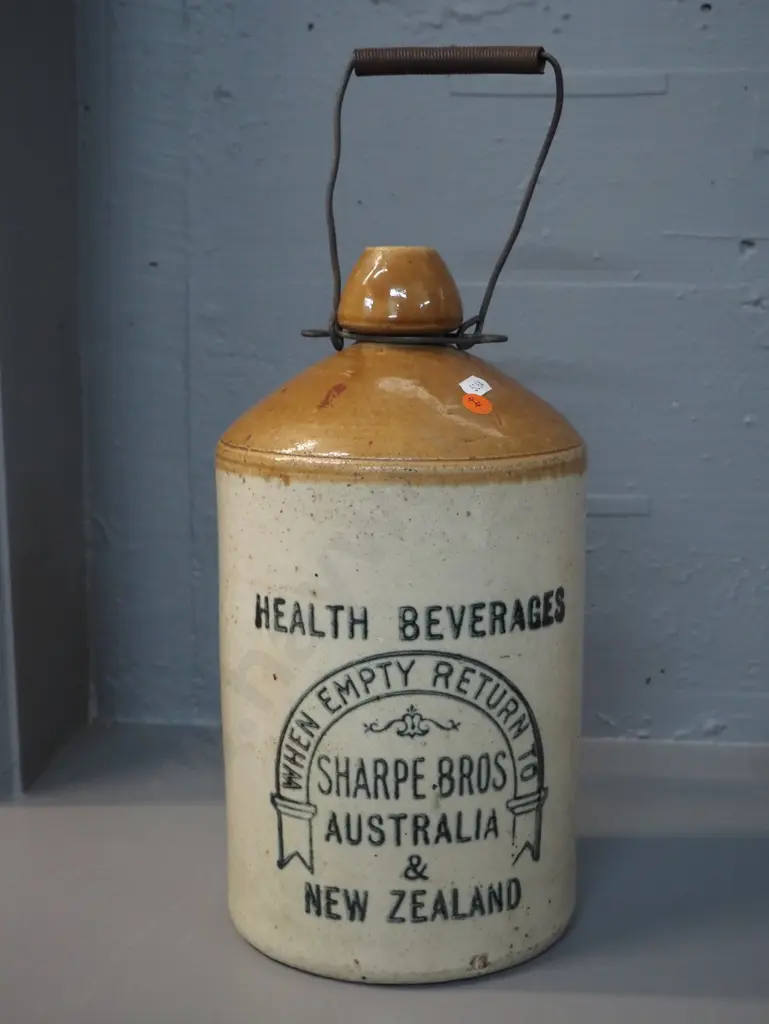 salt-glazed narrow-mouth crock with wire handle - marked Sharpe Bros Australia & New Zealand H-340 D-180 Image 1++