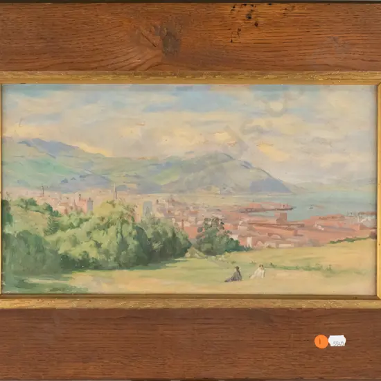 unsigned framed oil - Dunedin from Unity Park or thereabouts  H-220 W-390 (slight age damage)