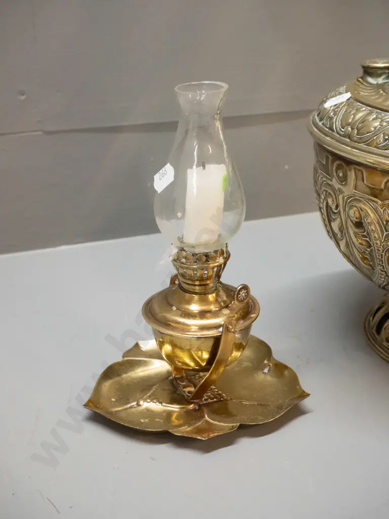 2 vintage brass lamps - Juno USA kerosene lamp converted to electric, with chimney, H-520 D-220, and a small tilting Image 1++
