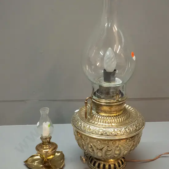 2 vintage brass lamps - Juno USA kerosene lamp converted to electric, with chimney, H-520 D-220, and a small tilting