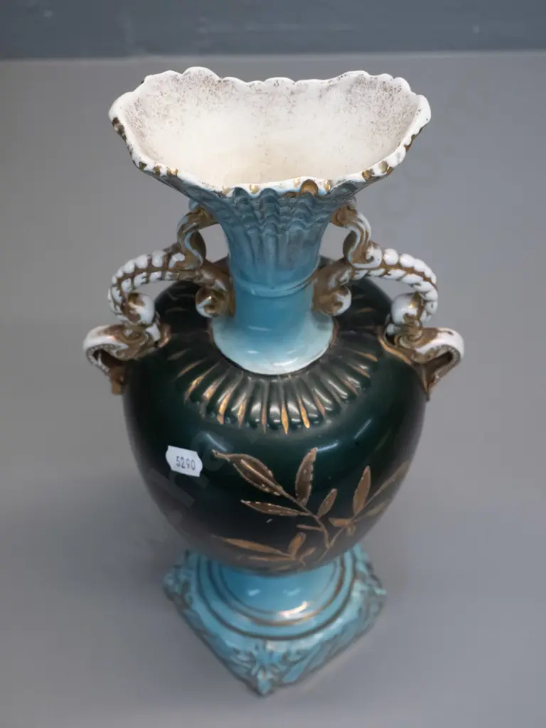 Victorian style double handled orchid pattern vase - some loss of gilt H-360 W-160 Image 1++