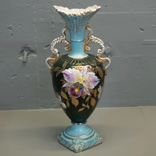 Victorian style double handled orchid pattern vase - some loss of gilt H-360 W-160