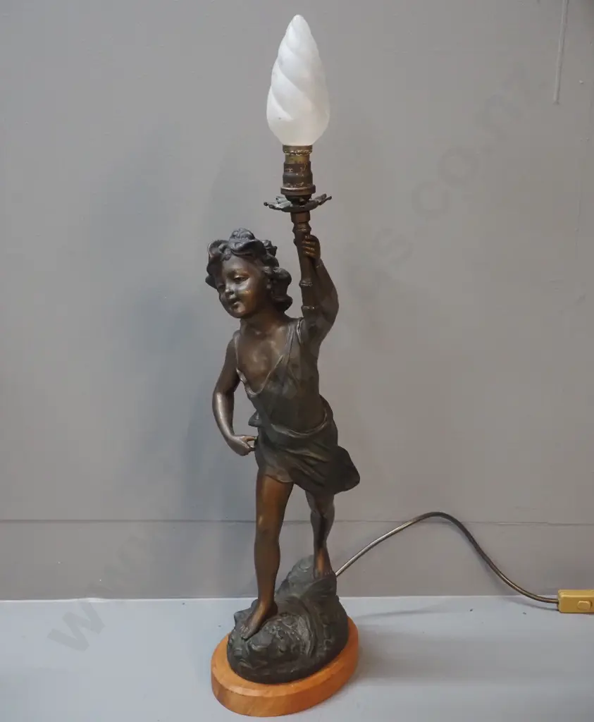 cast spelter figural lamp with brass finish, on wooden base, with frosted glass shade - repair to one arm. H-580 W-210 Image 1++