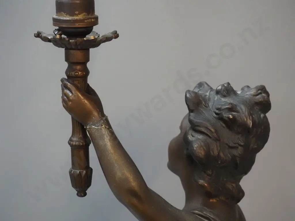 cast spelter figural lamp with brass finish, on wooden base, with frosted glass shade - repair to one arm. H-580 W-210 Image 1++