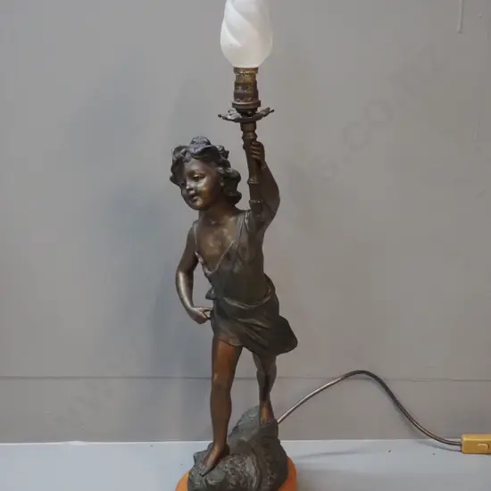 cast spelter figural lamp with brass finish, on wooden base, with frosted glass shade - repair to one arm. H-580 W-210