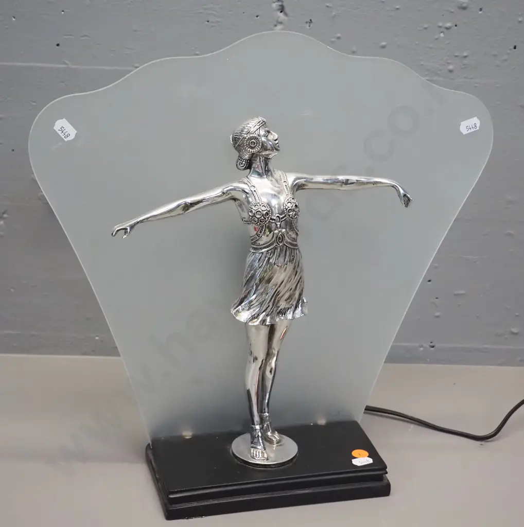 deco style figural table lamp with chromed female figure, frosted glass back, metal base H380 W380 Image 1++