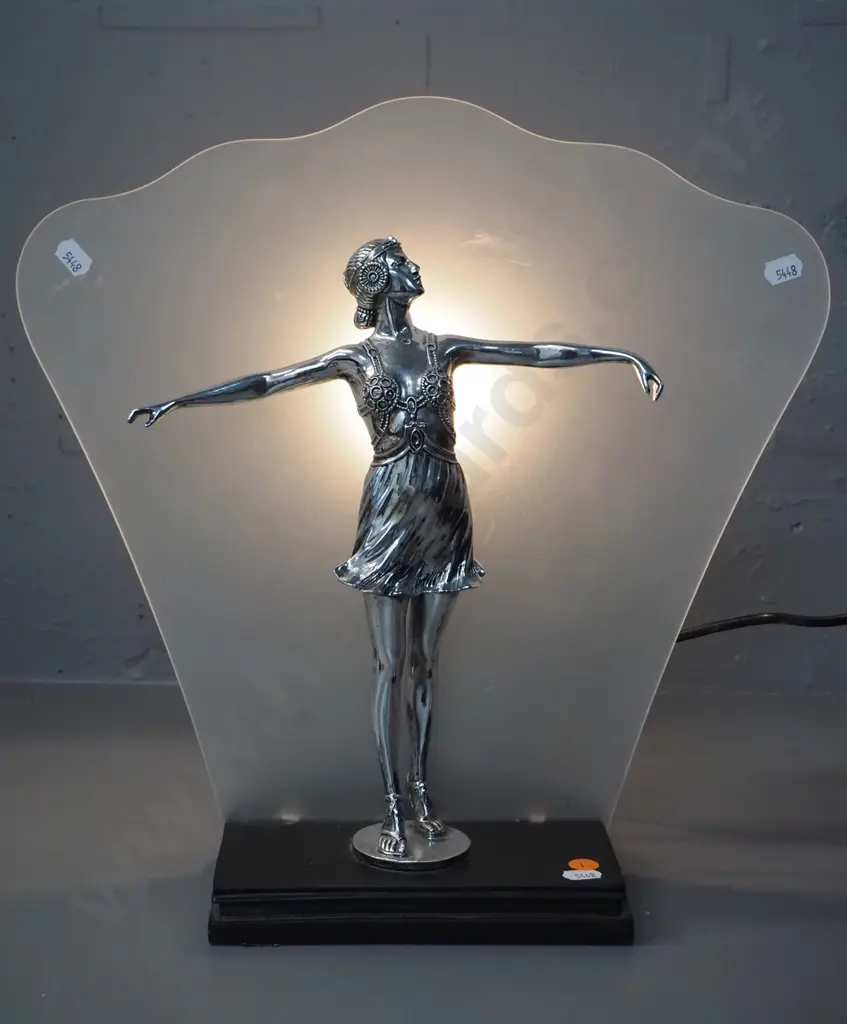 deco style figural table lamp with chromed female figure, frosted glass back, metal base H380 W380 Image 1++