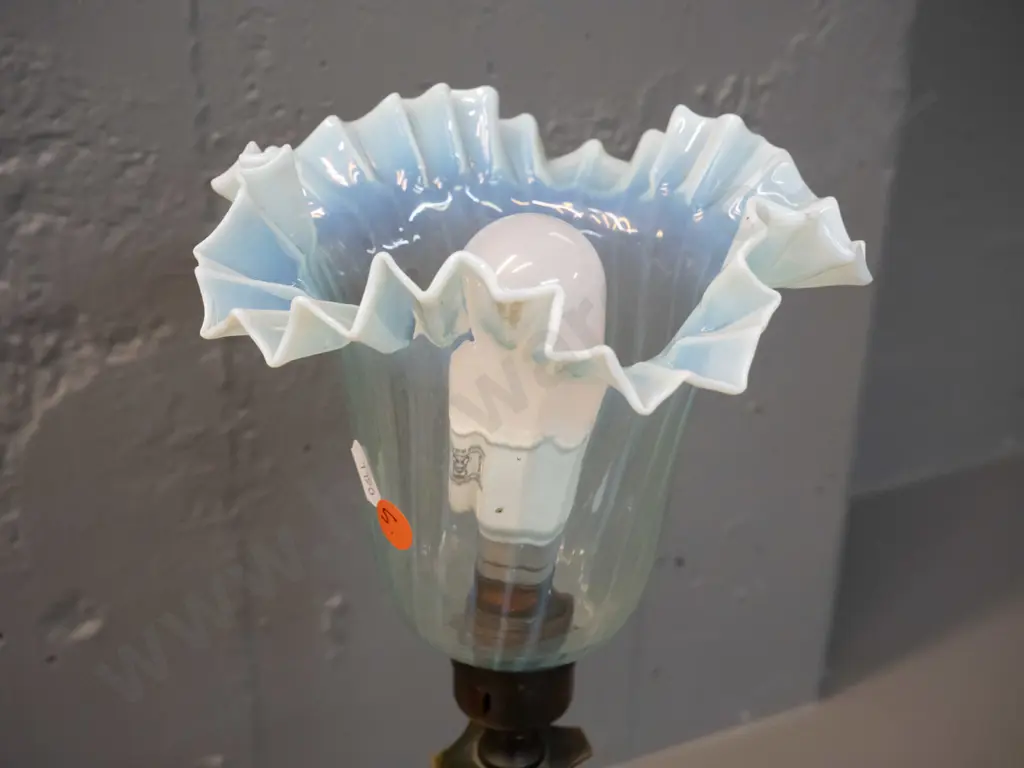 brass table lamp with copper finish, frilled light blue & milk glass upturned shade H-430 D-160 Image 1++