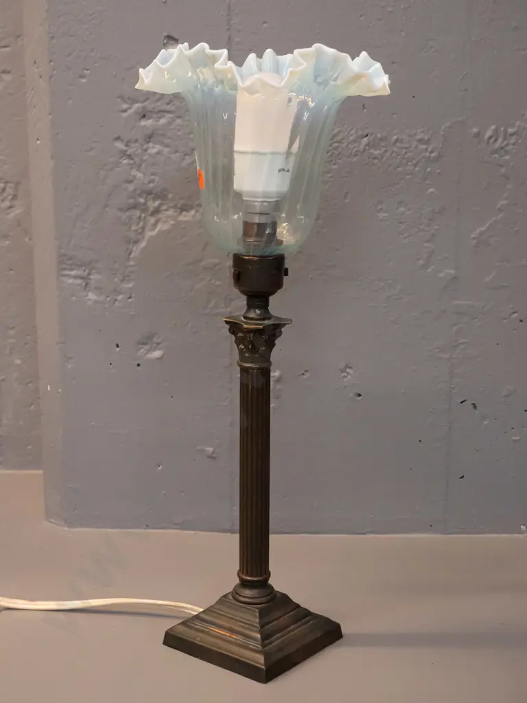 brass table lamp with copper finish, frilled light blue & milk glass upturned shade H-430 D-160 Image 1++