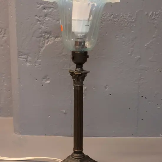 brass table lamp with copper finish, frilled light blue & milk glass upturned shade H-430 D-160