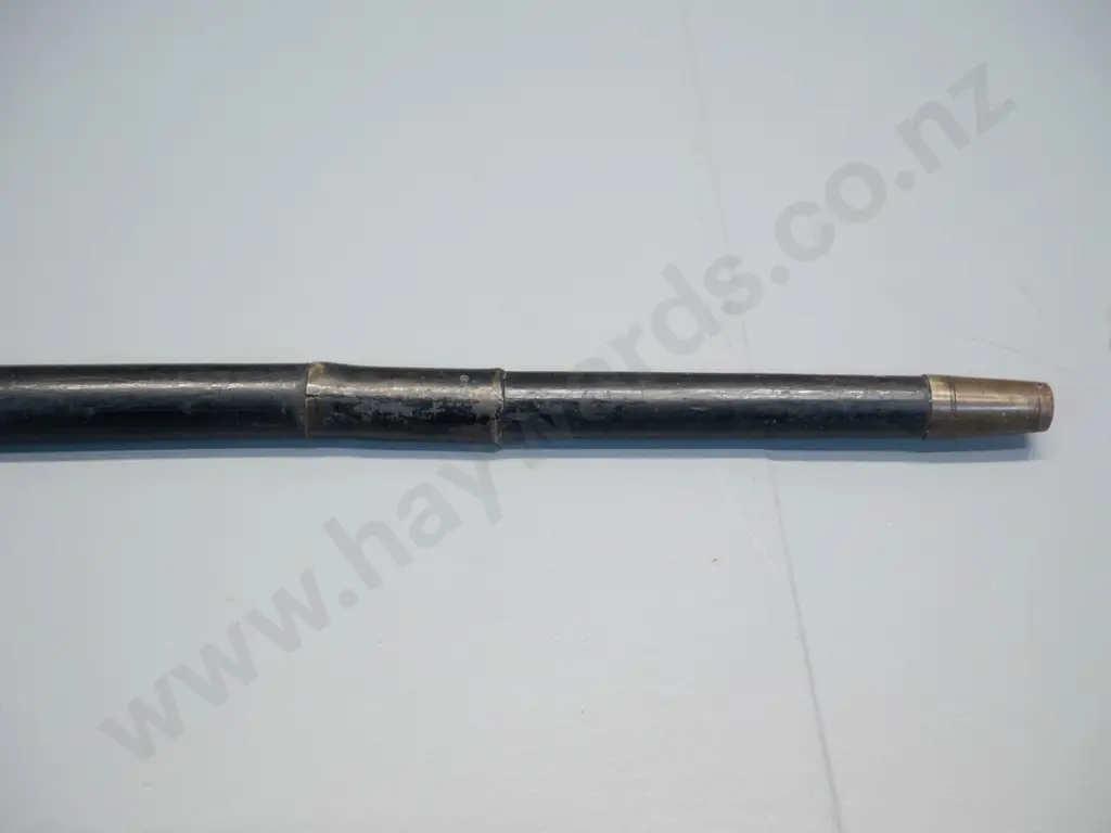 vintage ebonised hardwood walking stick with hand carved shamrock motifs, brass tip and band - slight bend. L-950 Image 1++