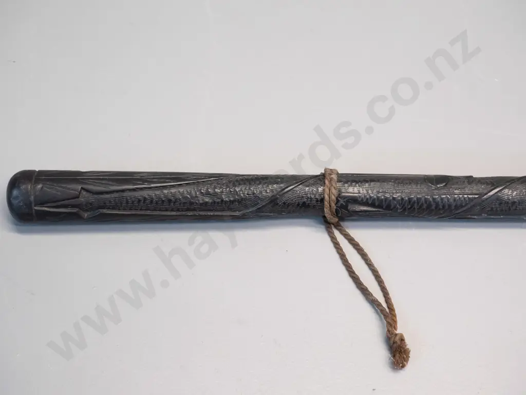 vintage ebonised hardwood walking stick with hand carved shamrock motifs, brass tip and band - slight bend. L-950 Image 1++