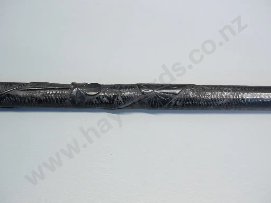 vintage ebonised hardwood walking stick with hand carved shamrock motifs, brass tip and band - slight bend. L-950 Image 1++
