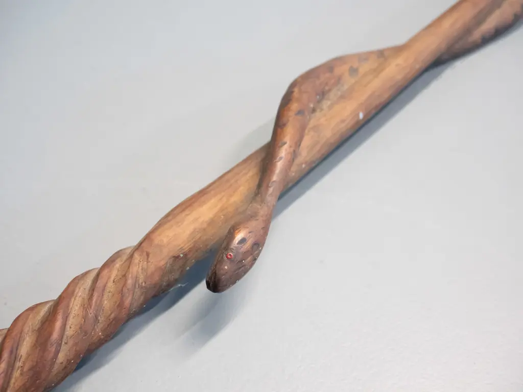 timber walking stick with hand carved entwined snake L-960 Image 1++