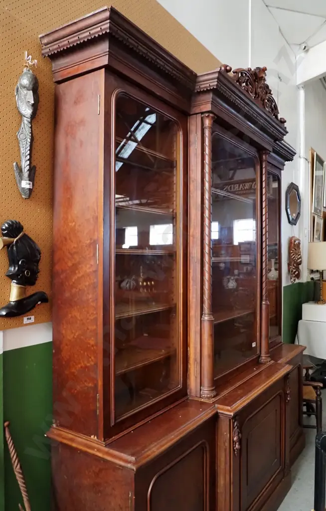large Victorian mahogany bookcase chiffonier, 3 solid doors, 3 glazed doors & elaborate green-man carved crown molding Image 1++