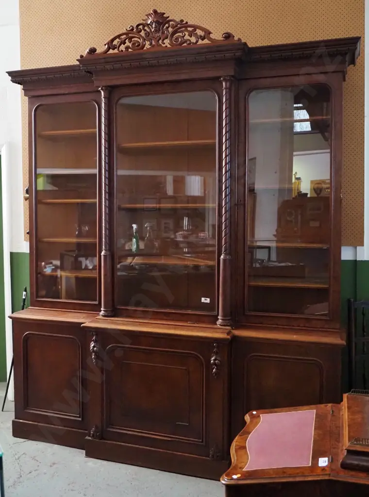 large Victorian mahogany bookcase chiffonier, 3 solid doors, 3 glazed doors & elaborate green-man carved crown molding Image 1++