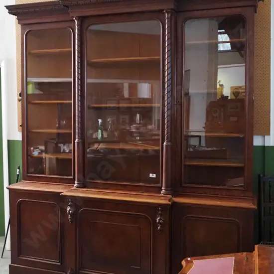 large Victorian mahogany bookcase chiffonier, 3 solid doors, 3 glazed doors & elaborate green-man carved crown molding
