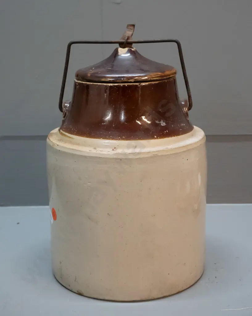 vintage salt glazed crock - some chips around lid and metal catch H-260 with handle up D-170 Image 1++