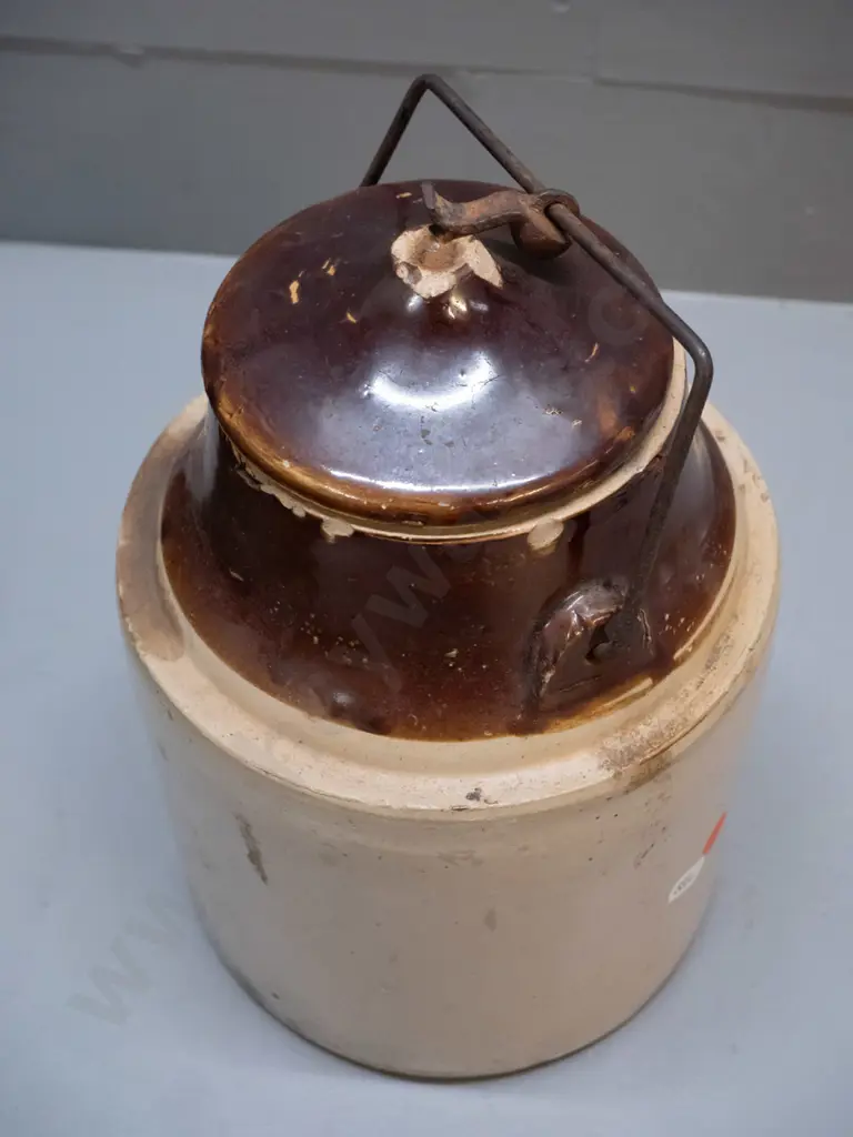 vintage salt glazed crock - some chips around lid and metal catch H-260 with handle up D-170 Image 1++