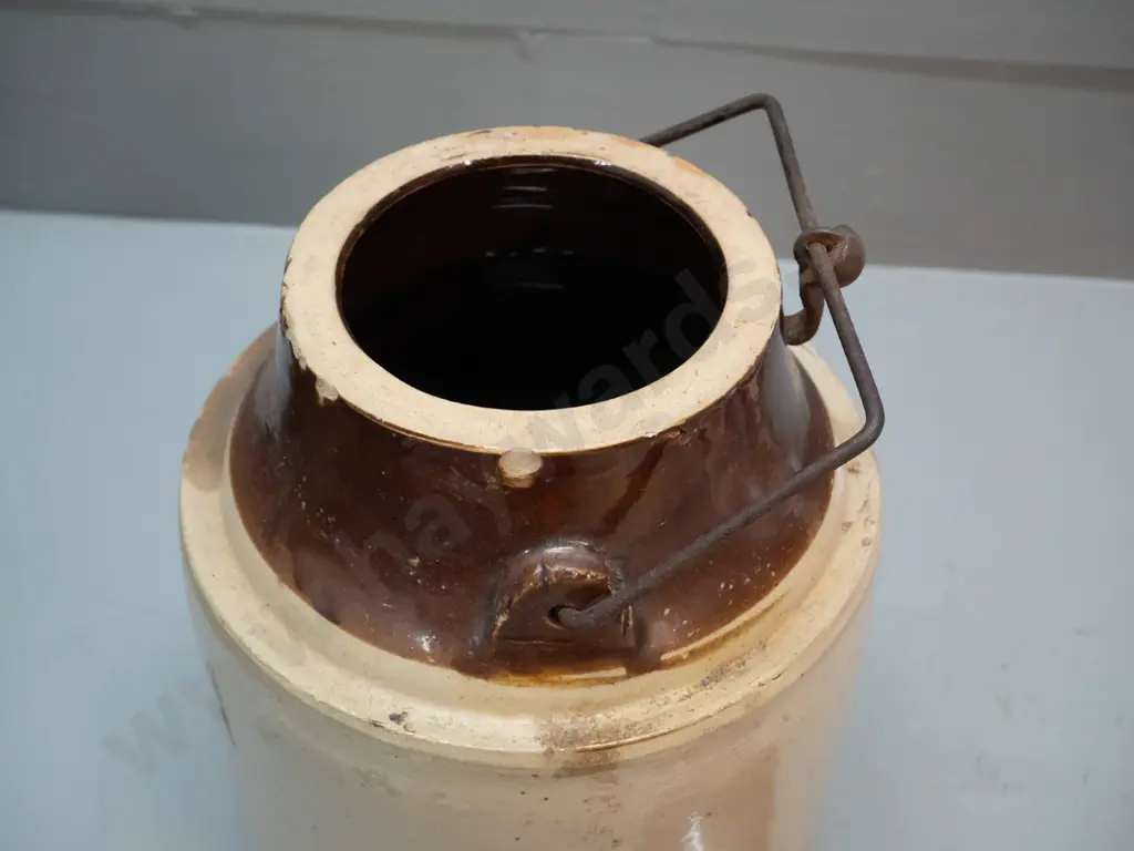 vintage salt glazed crock - some chips around lid and metal catch H-260 with handle up D-170 Image 1++